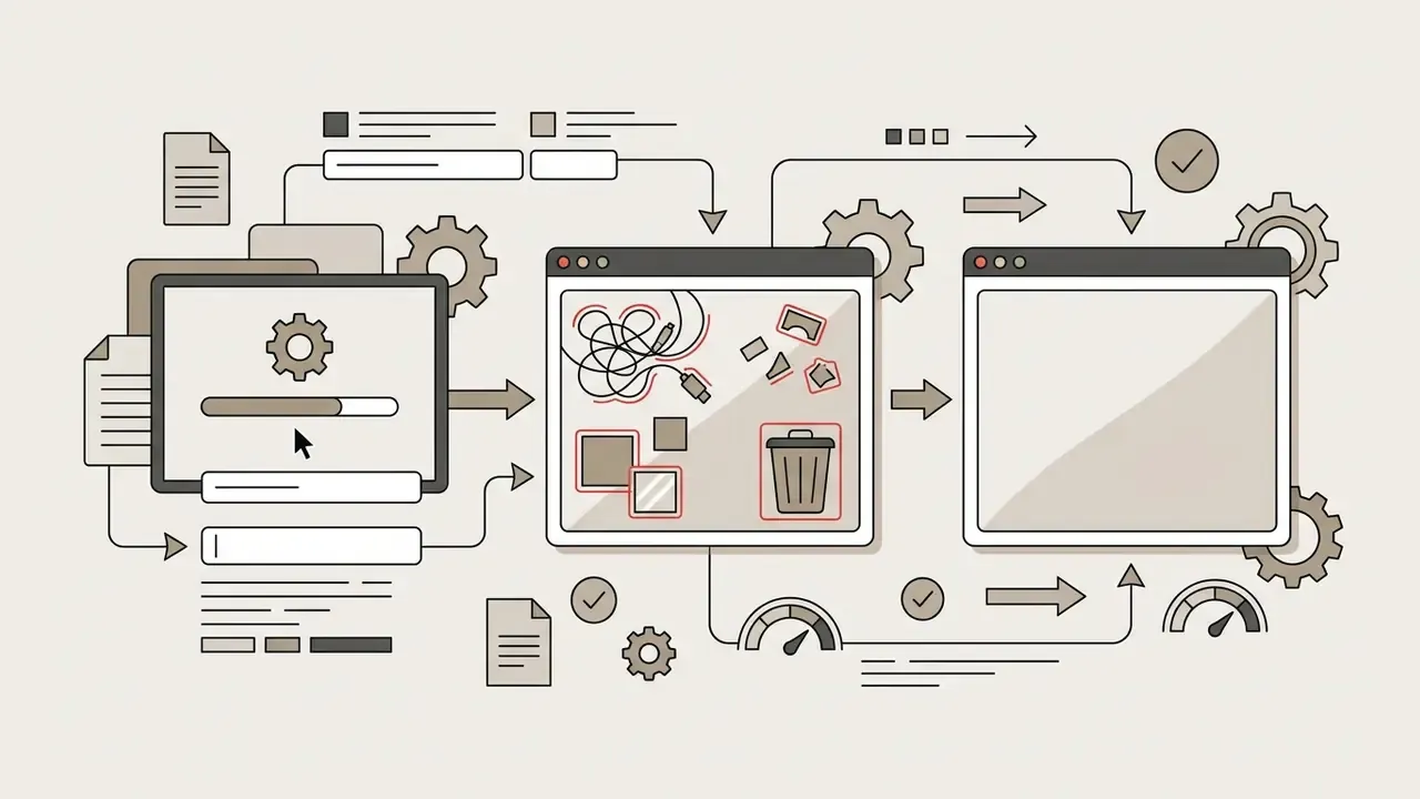 Diagram showing a digital workflow where cluttered objects are selected and removed from a workspace