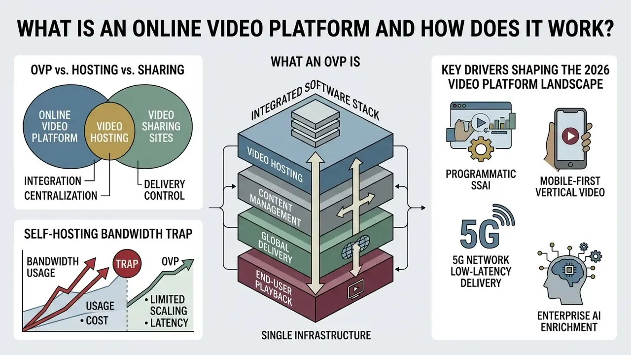 Infographic showing an integrated software stack for video hosting, management, delivery, and playback