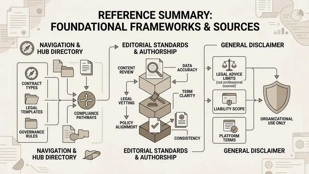 Flowchart outlining foundational frameworks for navigation, editorial standards, and legal disclaimers
