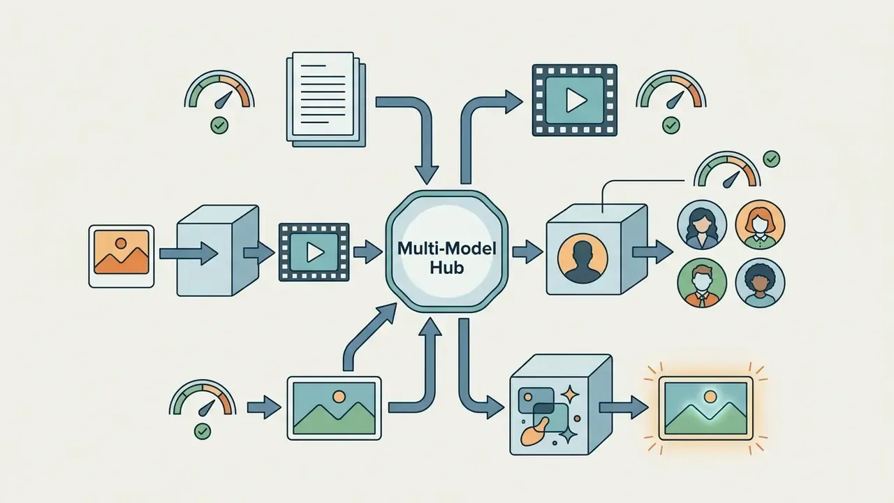Multi-Model Hub connecting various media inputs and outputs with performance gauges and icons