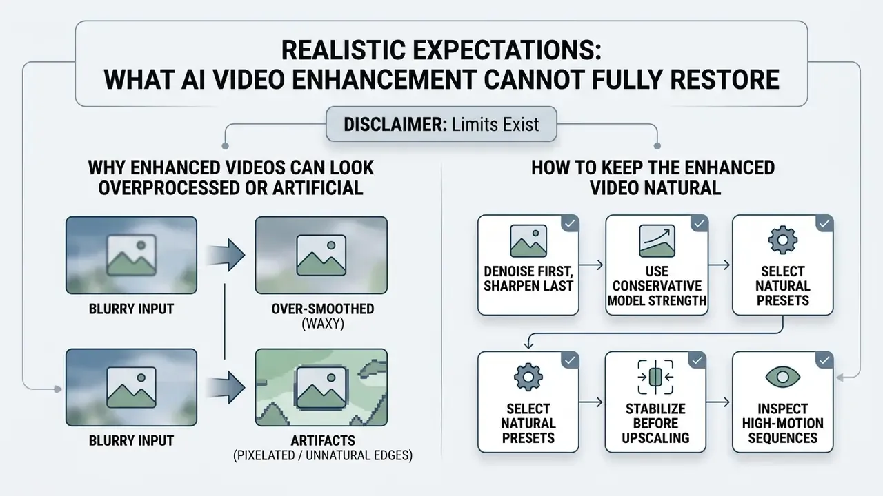 Diagram comparing causes of artificial video results with a checklist for maintaining natural quality