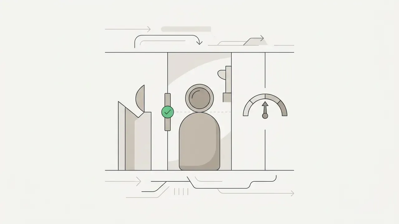 Stylized person icon centered between a checkmark status indicator and a circular performance gauge