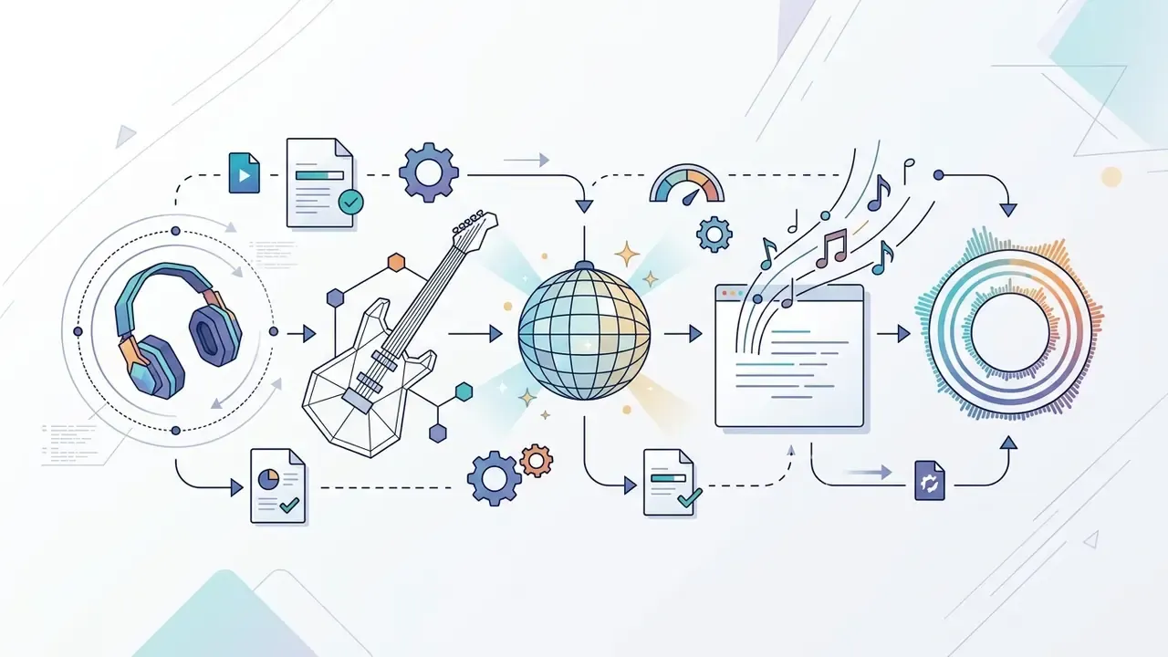 Icons of headphones, a wireframe guitar, a disco ball, and music notes connecting to a circular equalizer