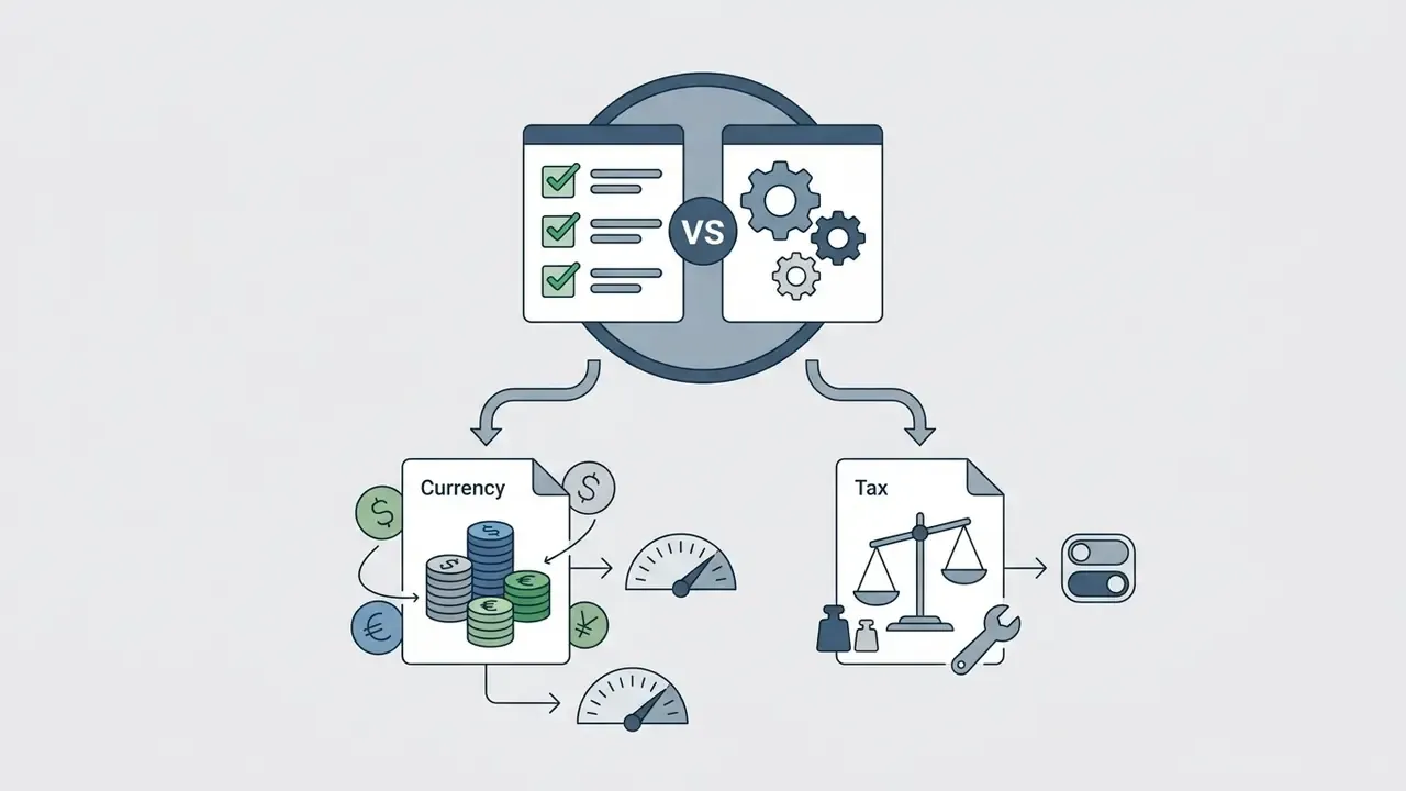 Comparison of currency and tax processing features with icons for stacks of coins, scales, and toggles