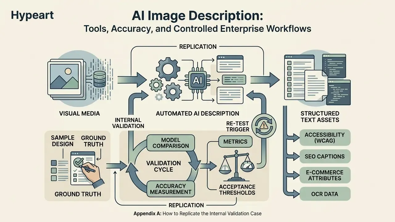 Cycle diagram showing how visual media is processed into structured text assets via validation workflows