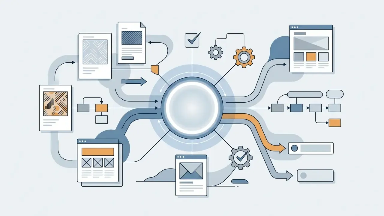 Central hub connecting various document icons and web layouts through a network of directional arrows