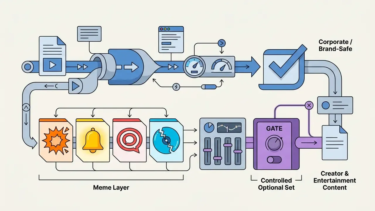 Meme sound assets passing through a mixing gate to separate from corporate and brand-safe video workflows