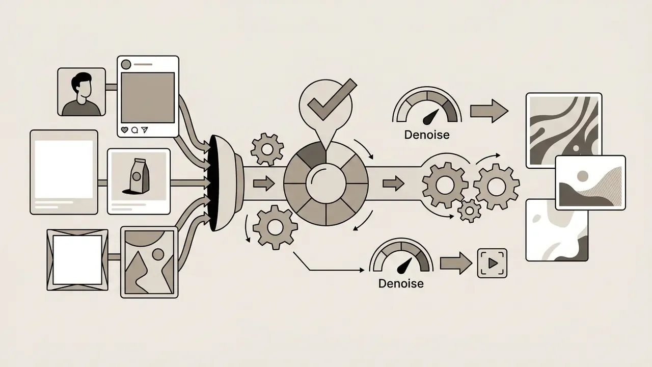 Social media posts and images feeding into a gear mechanism with denoise gauges to create stylized outputs