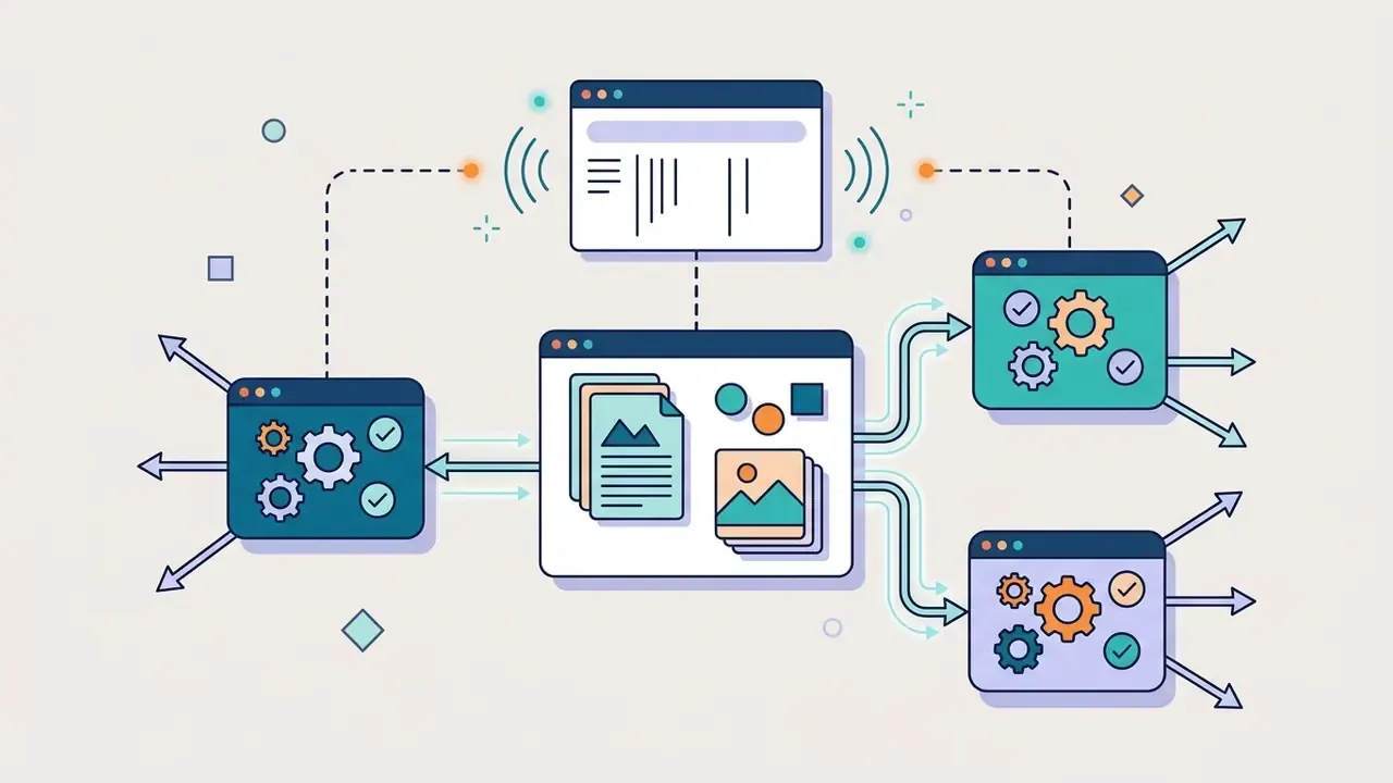 Central document hub syncing artwork and data to multiple external website interfaces via network connections