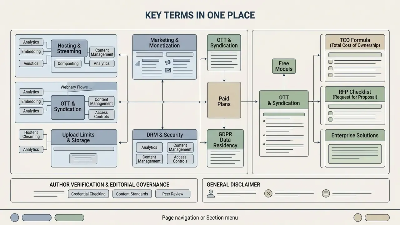 Diagram mapping technical features, business models, and governance standards for digital video services