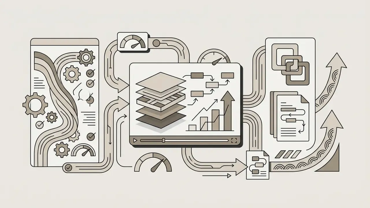 Central video player icon connected by paths to layered assets, gauges, and upward trending data charts