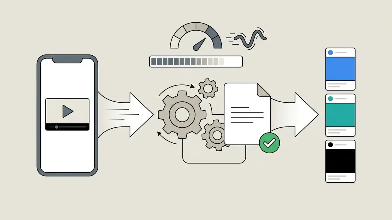 Smartphone video file processed through gears into a compatible format for social media feed uploads