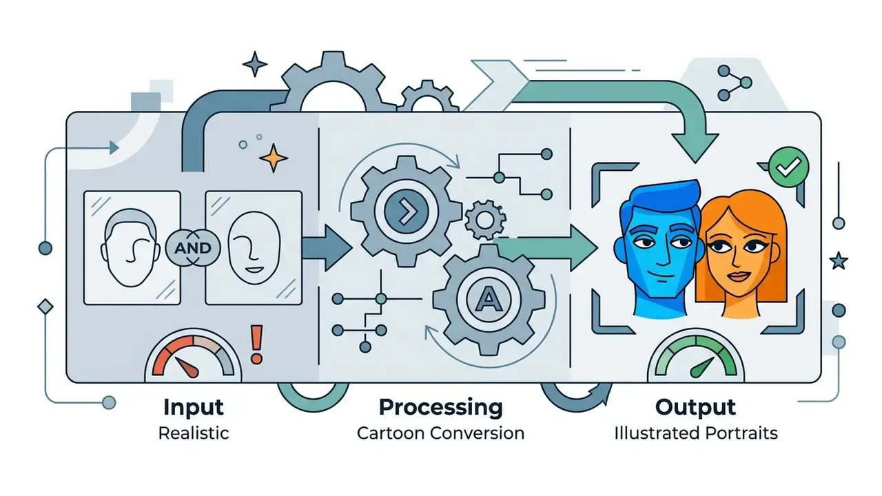 Diagram showing the transformation of two realistic face inputs into a stylized cartoon couple portrait