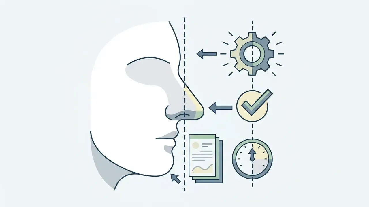 Profile view of a face aligned with gear, checkmark, document, and clock icons to show symmetry analysis