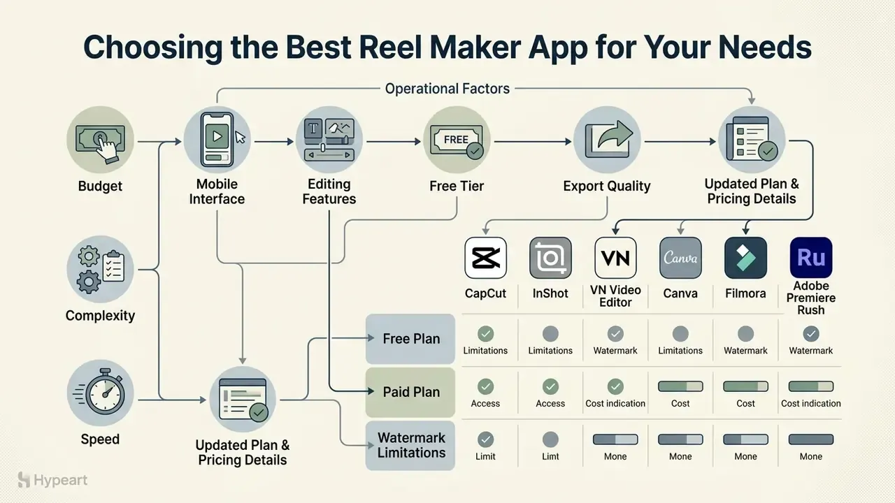 Flowchart outlining operational factors like budget and interface for selecting a video editing app