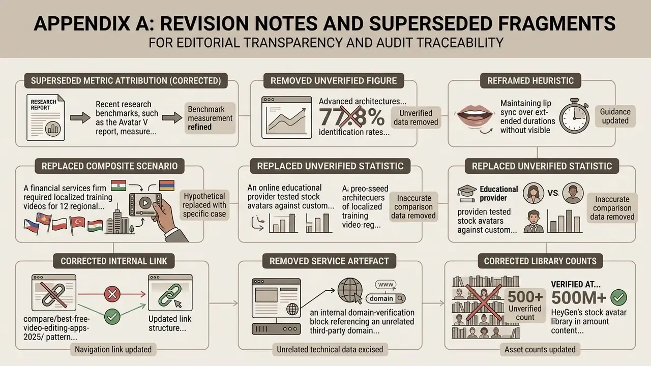 Diagram detailing editorial revisions, metric corrections, and data updates for AI avatar software content