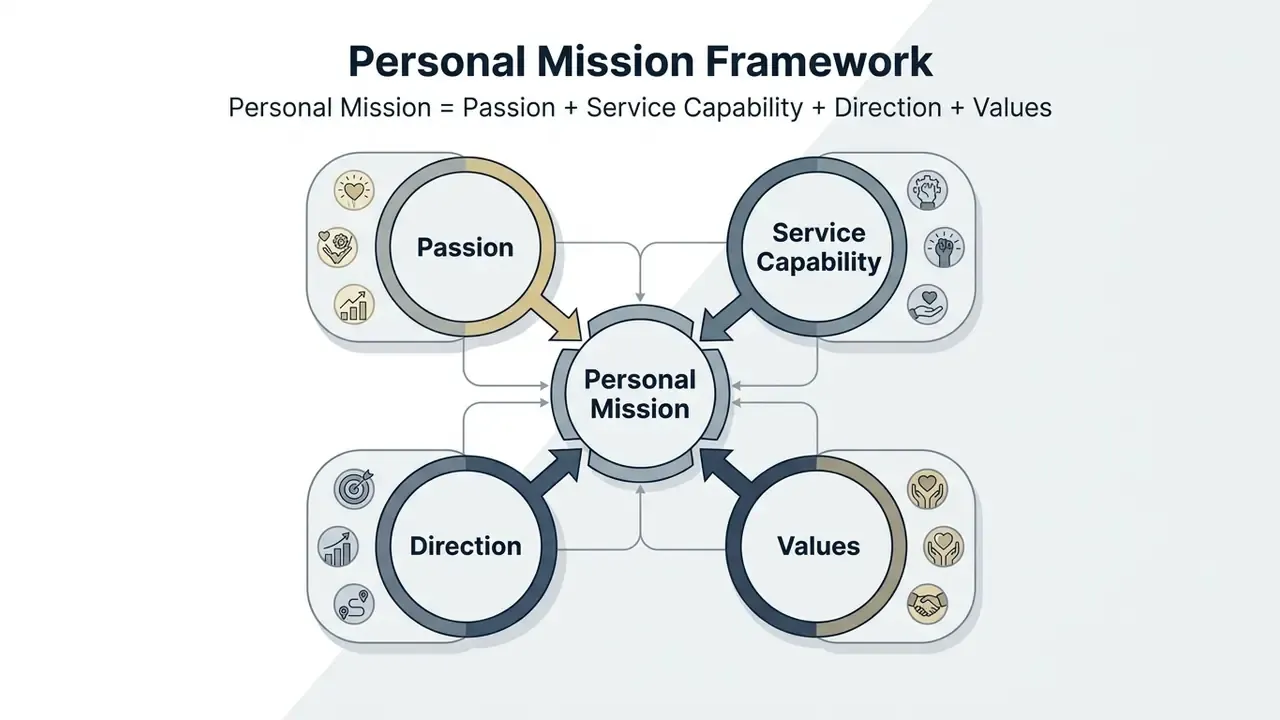 Four circular nodes representing passion, service capability, direction, and values converging at a center