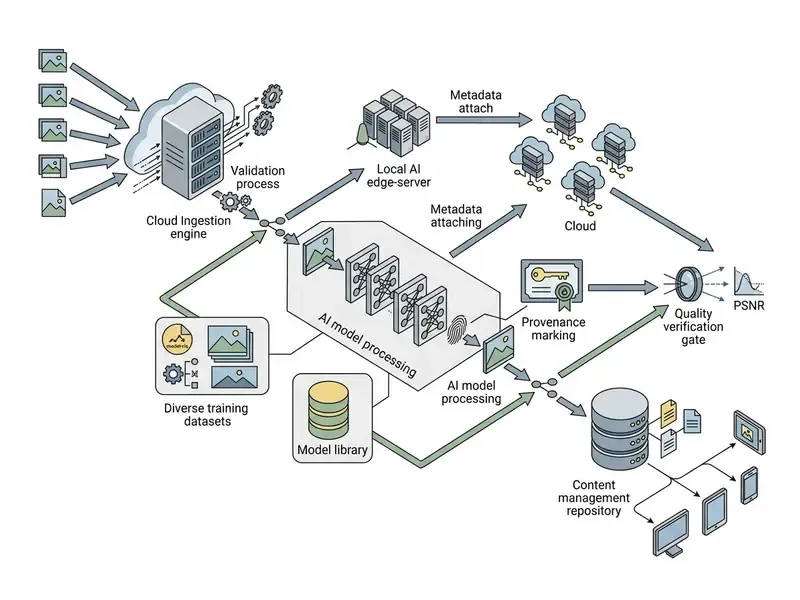 Diagram showing data ingestion, neural model processing, provenance marking, and content storage