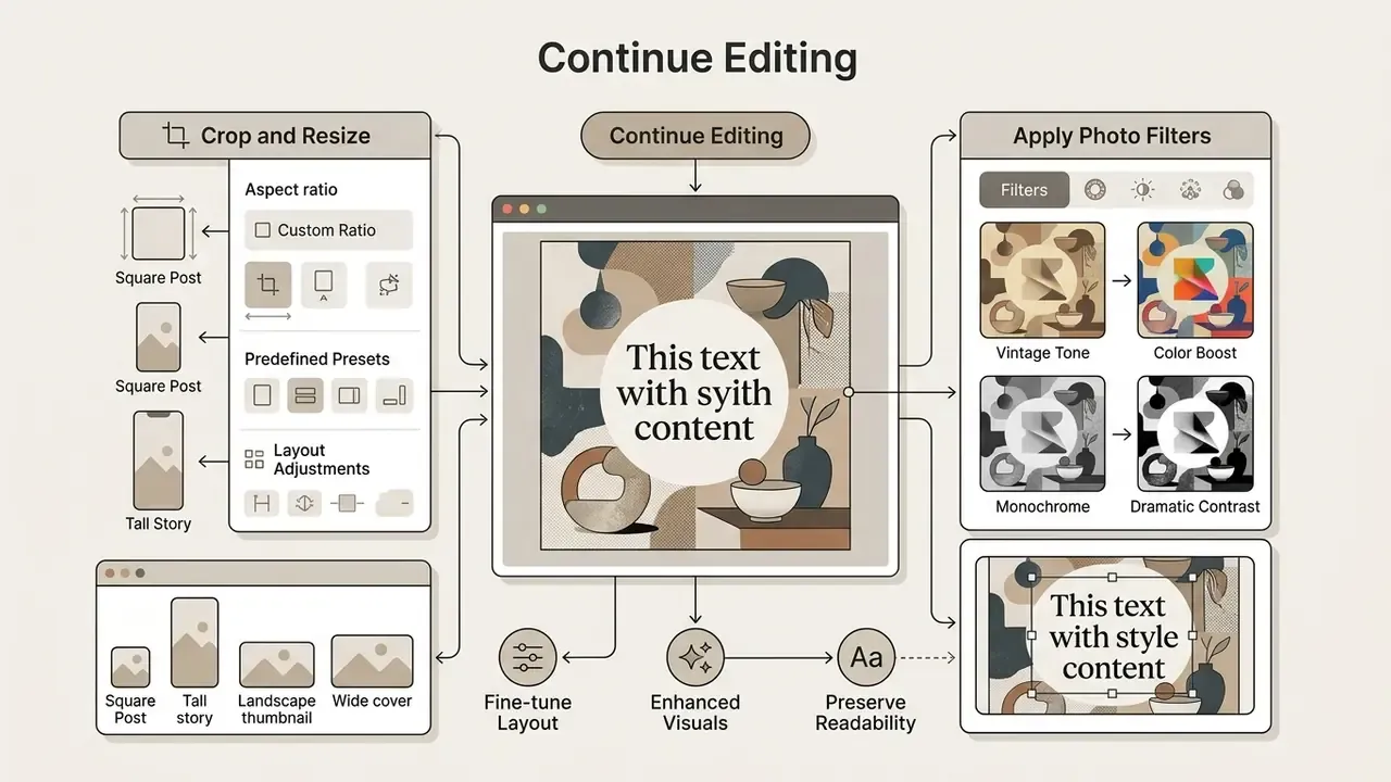 Diagram showing tools for cropping, resizing, and applying filters to maintain visual readability