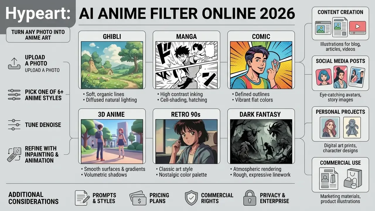 Grid showing six distinct artistic styles with descriptions of lighting and line work for each