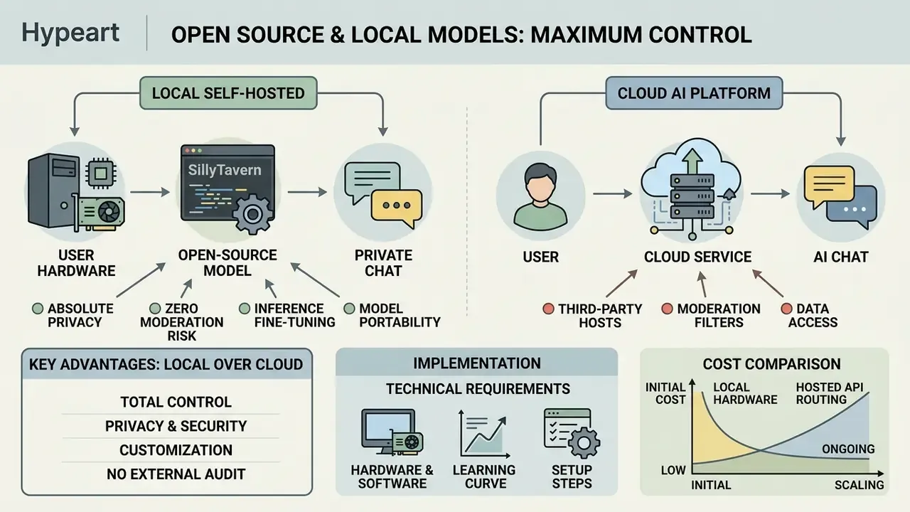Comparison of local self-hosted AI models versus cloud platforms highlighting privacy and control