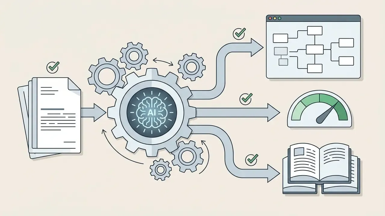 Documents feeding into an AI-powered gear system that processes data into charts, gauges, and research reports