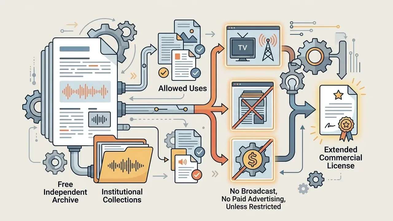 Audio archive documents flowing through gears toward license categories and commercial restrictions