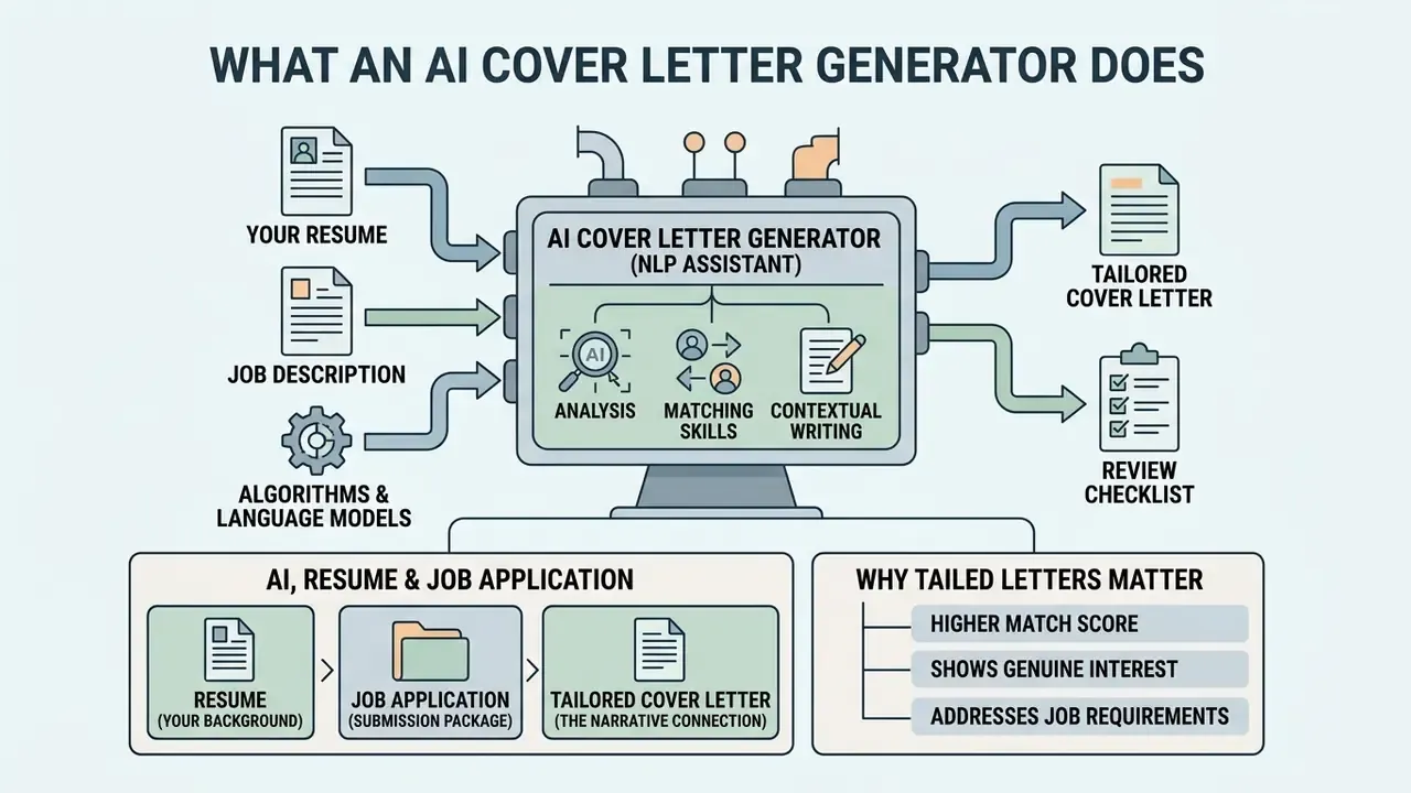 Infographic showing how an AI cover letter generator processes resumes and job descriptions into documents