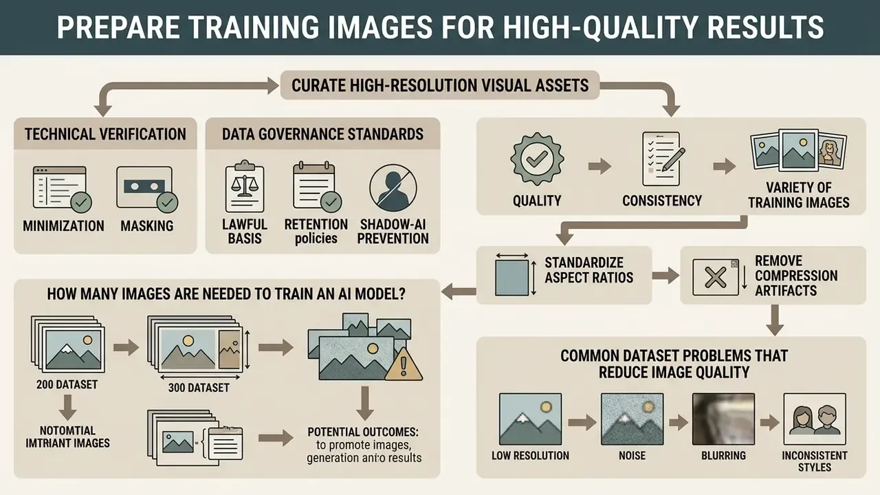 Flowchart outlining data governance standards and technical steps for curating and refining visual datasets