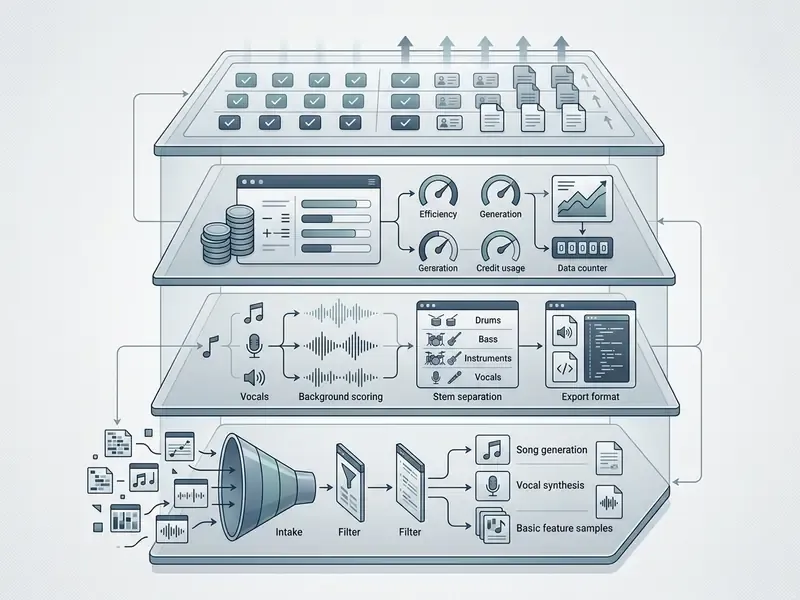 Four-layered diagram illustrating the evaluation process for an AI music generator tool