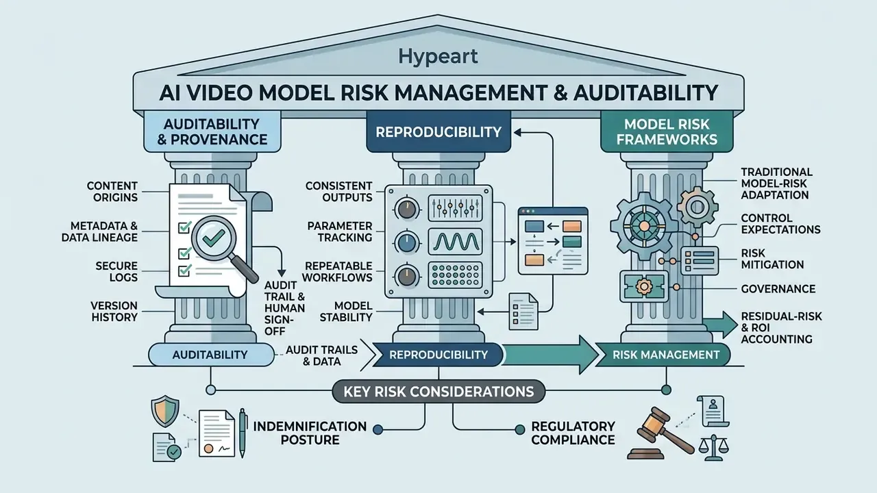 Conceptual pillars showing auditability, reproducibility, and risk management for AI video models