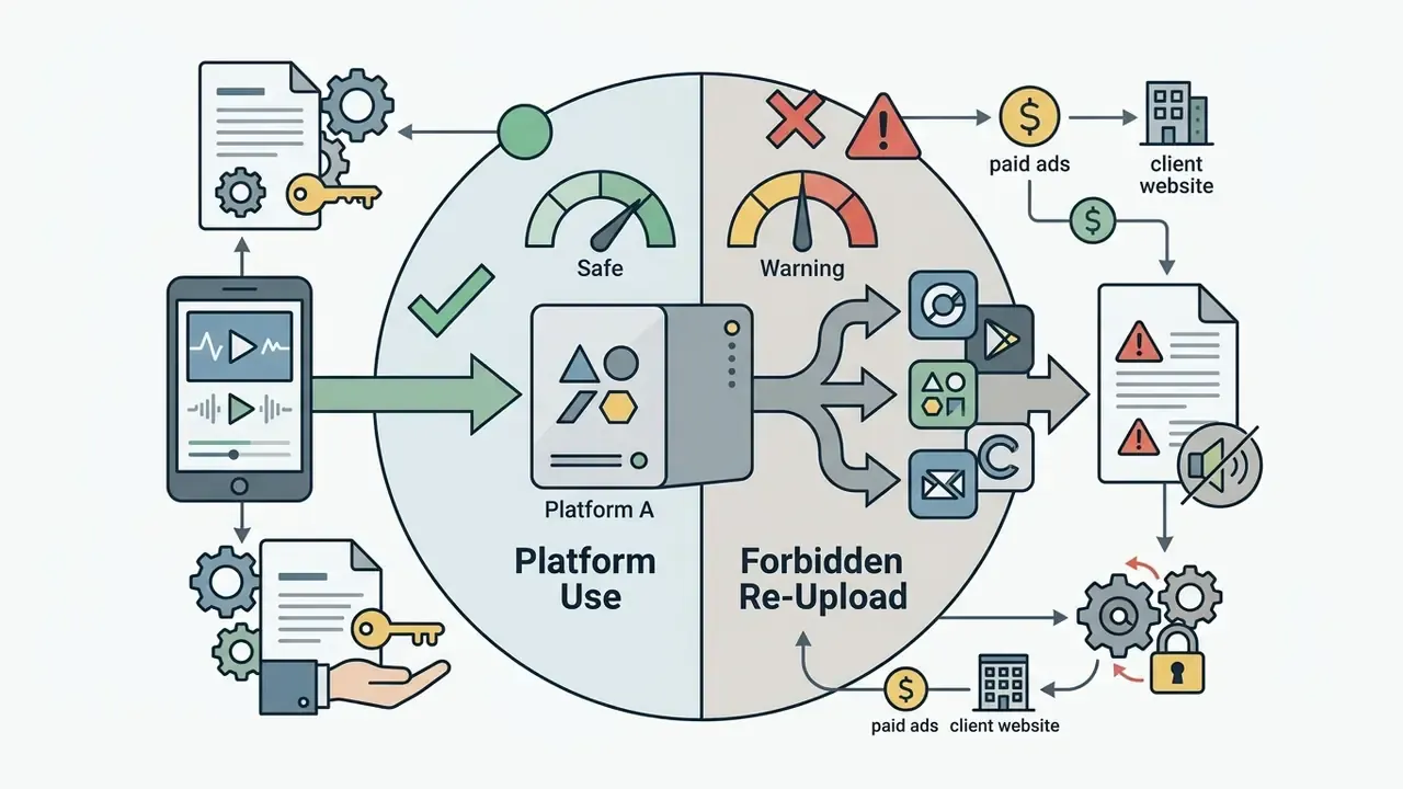 Split graphic comparing safe platform usage with risks of re-uploading content to external websites