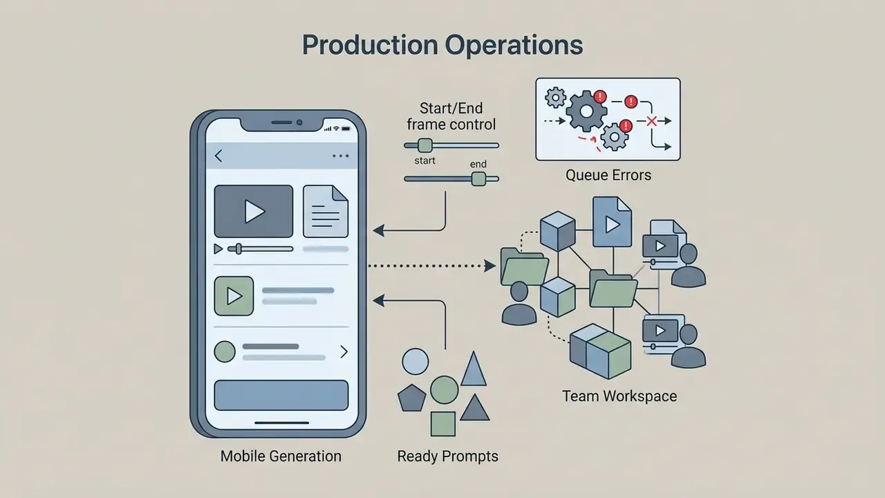Smartphone interface showing video assets linked to team workspaces, prompt libraries, and error workflows