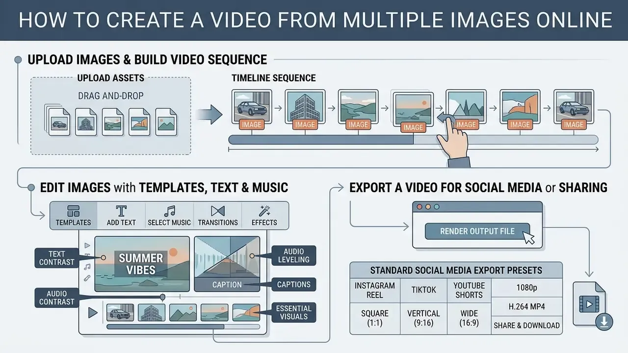 Steps for how to create a video from multiple images including uploading, editing, and exporting files
