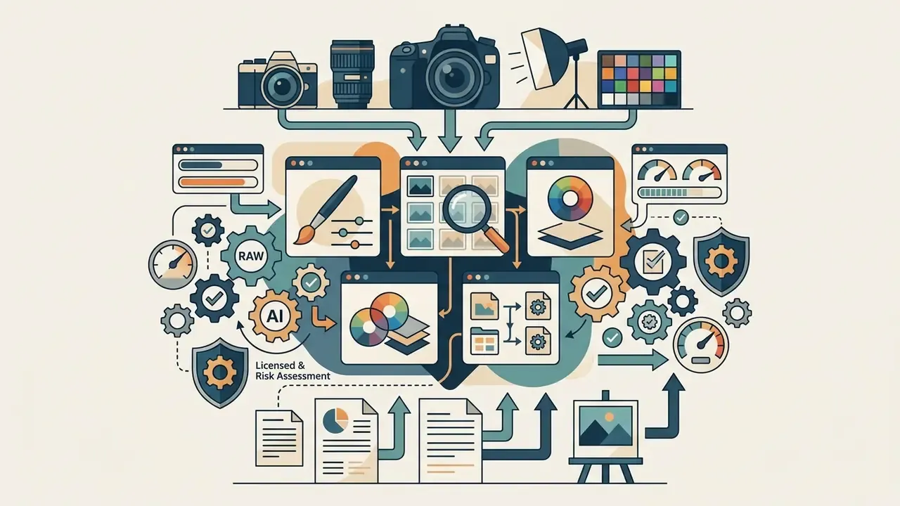 Icons of cameras and studio equipment connecting to software interface windows with gears and data charts