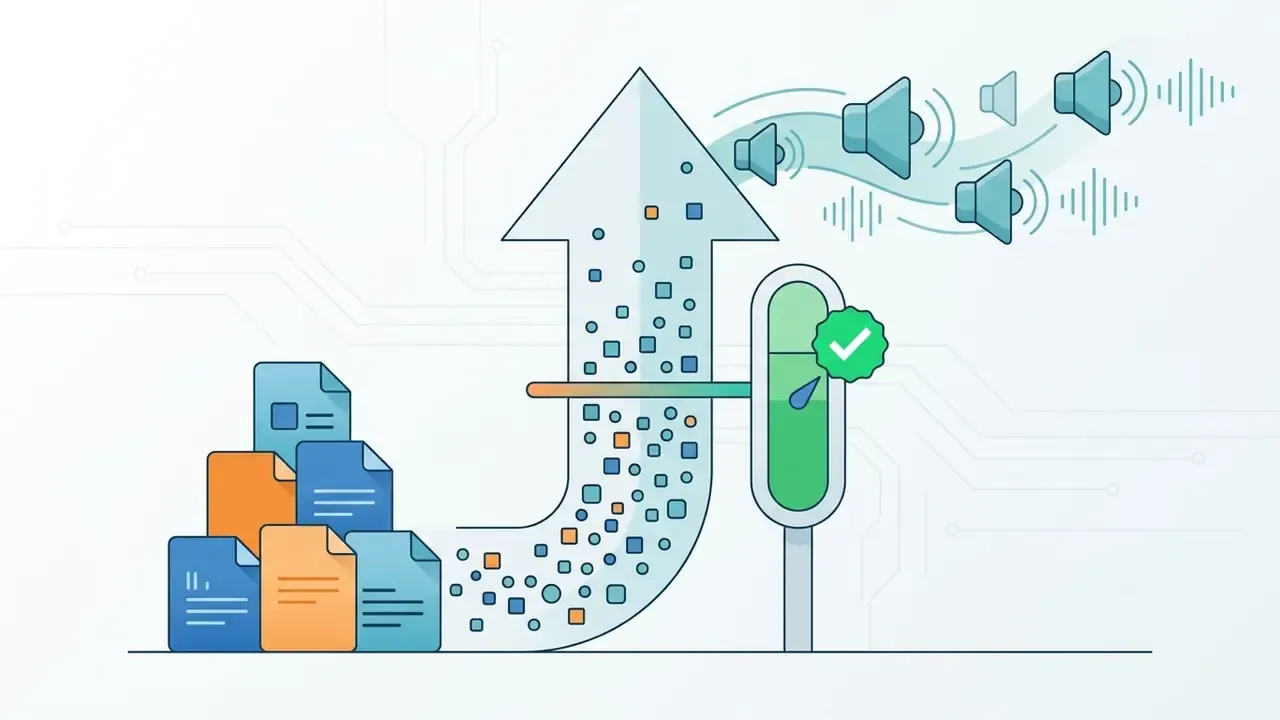 Stack of documents being processed into an upward arrow and converted into audio output signals