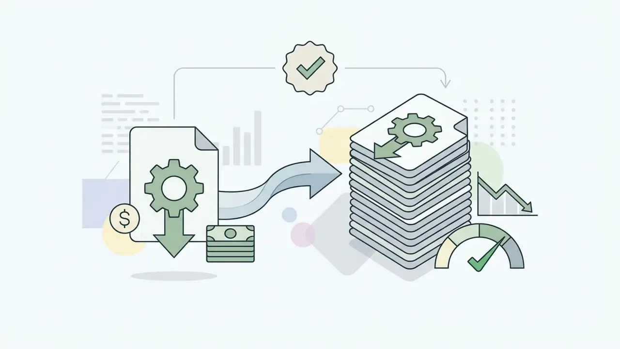 Stack of documents and gear icons moving toward a gauge with a checkmark to represent bulk credit usage