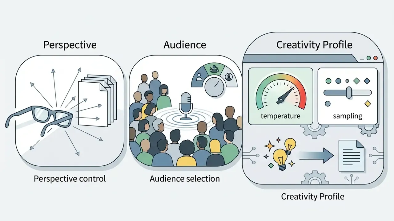Glasses, audience with a microphone, and a creativity panel with temperature and sampling settings