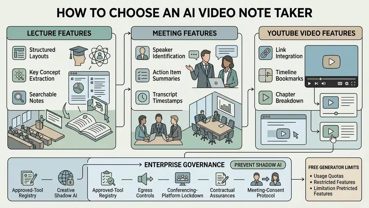 Infographic comparing AI note features for lectures, meetings, and YouTube alongside enterprise governance