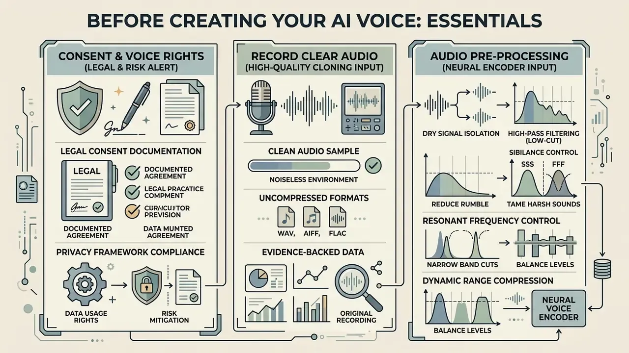 Infographic detailing legal consent, audio recording standards, and signal processing for AI voice creation