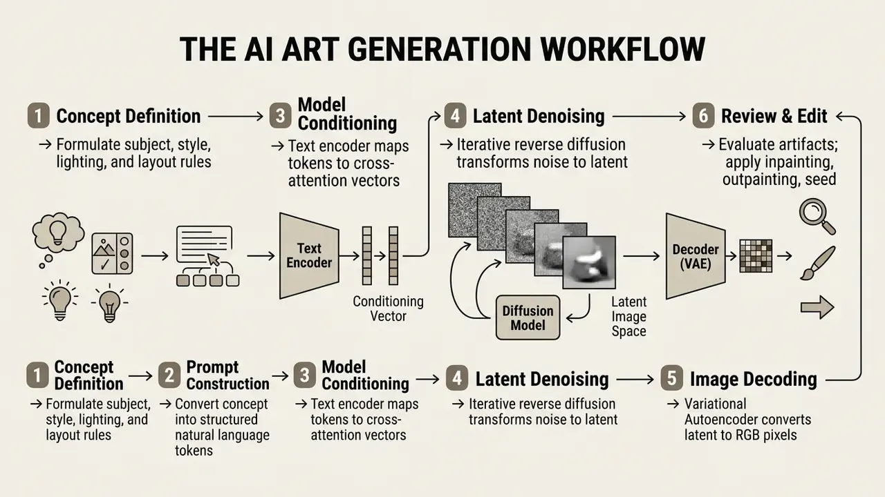 Step-by-step diagram showing how AI art works from initial concept definition to final image decoding