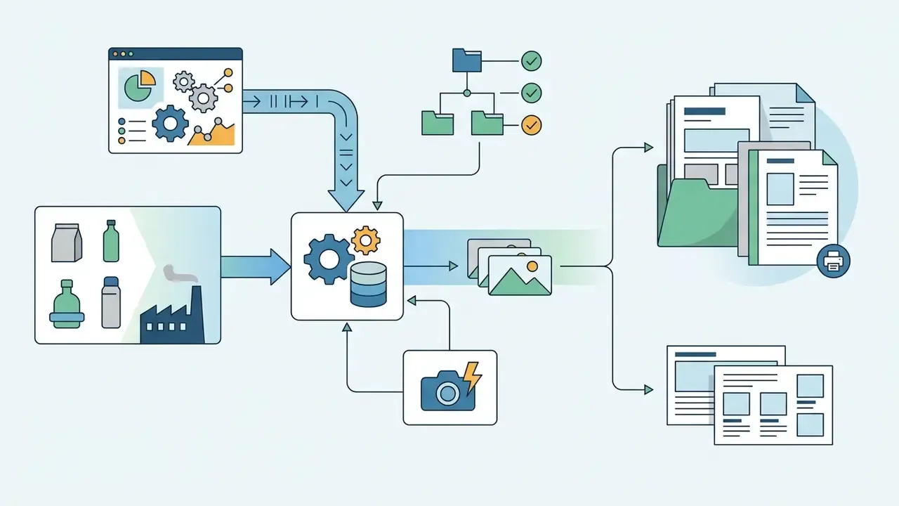 System integrating factory packshots and data to generate print-ready trade catalogs and line sheets