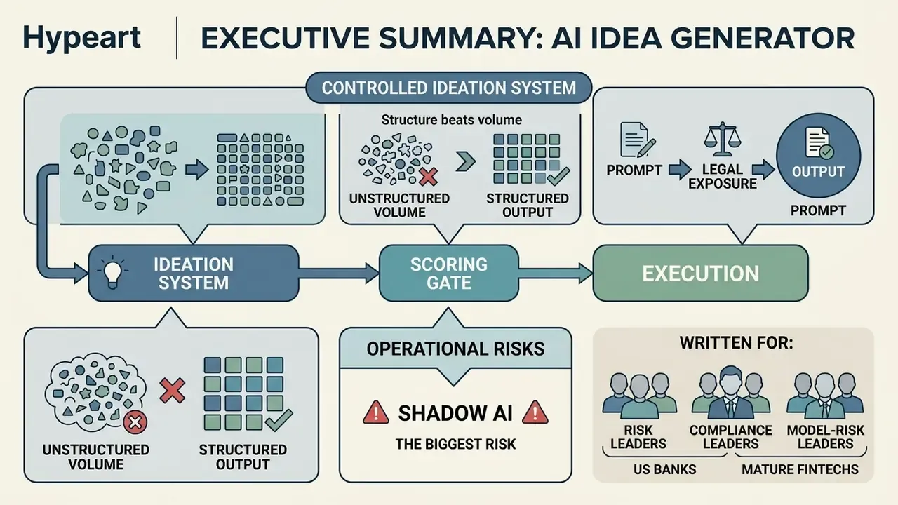 Infographic flowchart showing how an AI idea generator uses structured processes to manage operational risk
