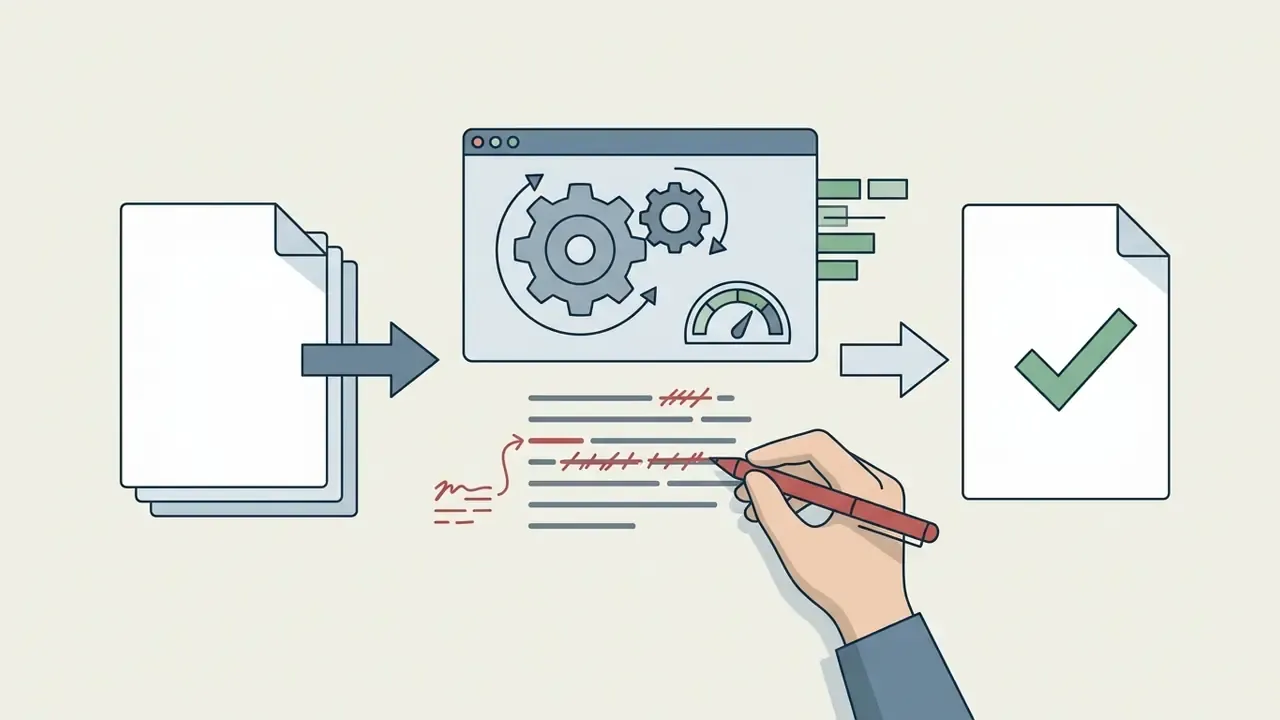 Hand editing a document using an AI logo generator to process inputs into a finalized brand asset