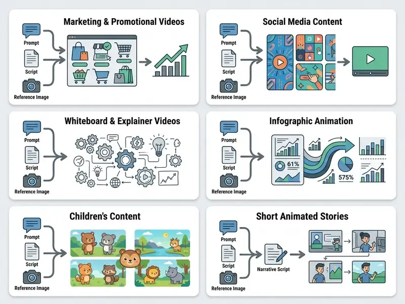 Six cards showing how 2D animation AI converts prompts, scripts, and images into diverse video formats