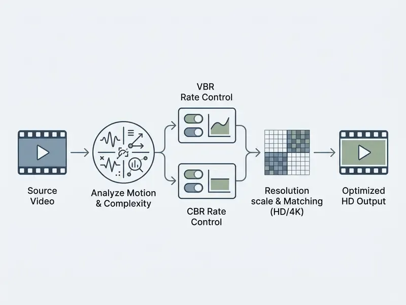 Process flow from source video analysis through rate control and resolution scaling to optimized output