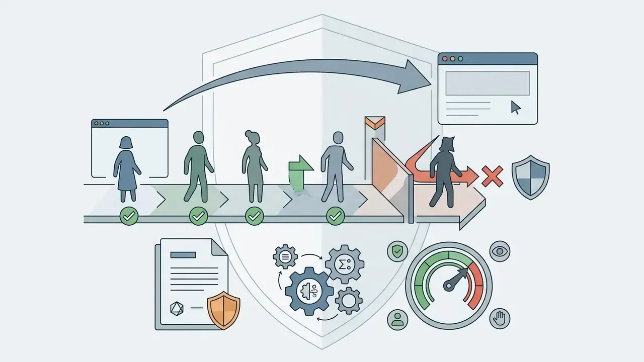 People icons moving through a process gate with safety checks and a red cross symbol for blocked content