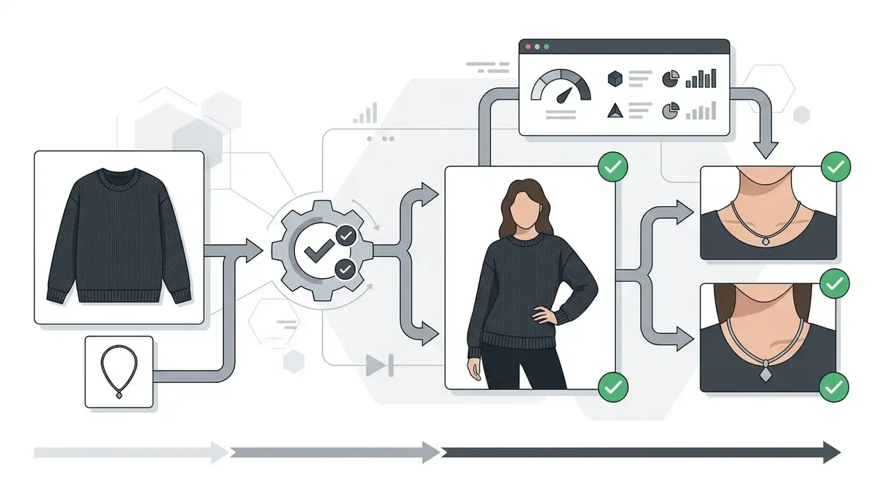 System flow showing flat lay clothing and jewelry processed by an AI engine into compliant model photos