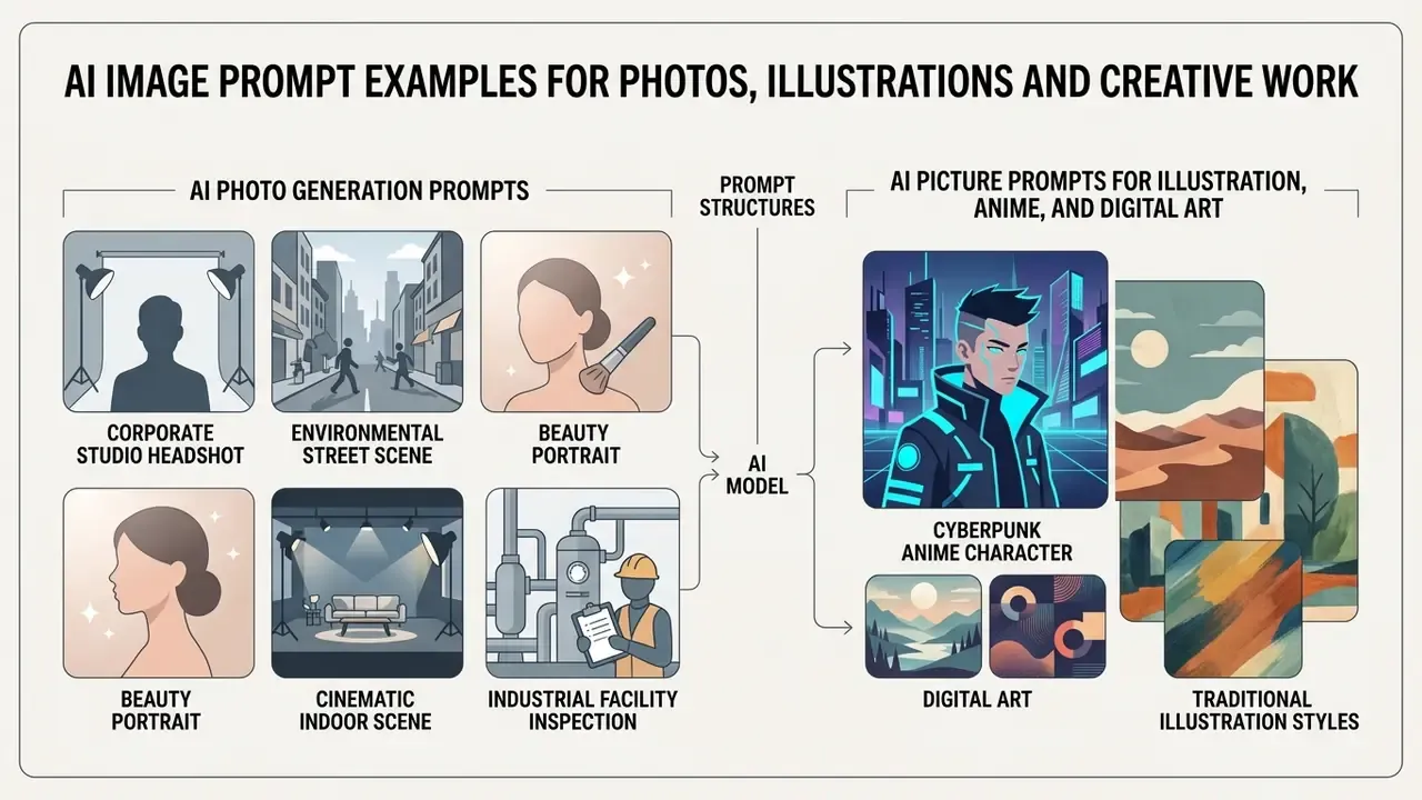 Comparison chart showing diverse visual categories for generative models including portraits and art styles