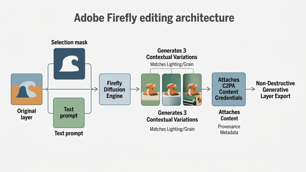 Process diagram showing how an original layer and text prompt flow through the Firefly Diffusion Engine